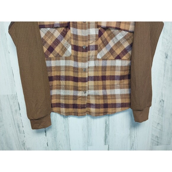 SO Flannel Knit COMBO Crop Top RETRO STYLE Brown PLAID Flap Pocket Womens Medium - Picture 2 of 9